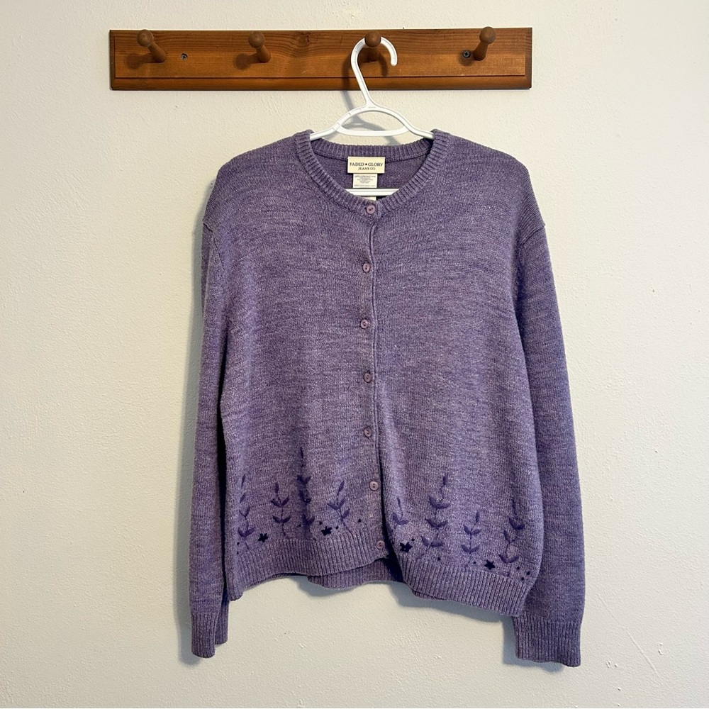 Vintage Lavender Button-Front Cardigan with Embroidered Hem Size XL